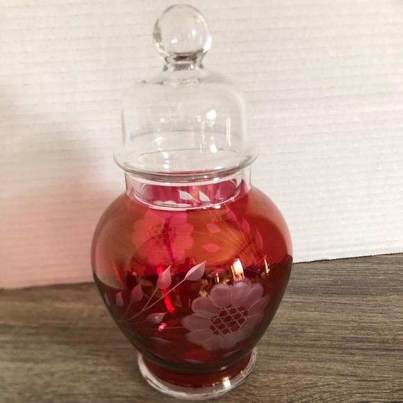 Vtg Hughes Ruby Glass Apothecary Jar with Etched Cornflower Design - Picture 7 of 12